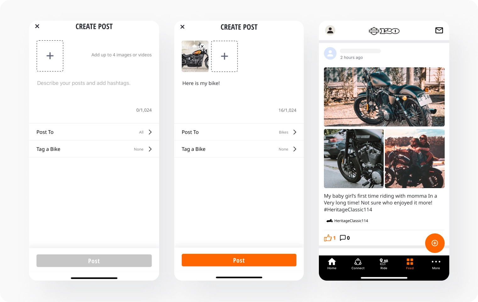Users can create posts in the Harley Davidson community app